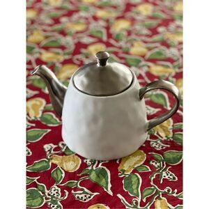 Nicole Miller Silver and White Shabby Chic Hammered Look Teapot